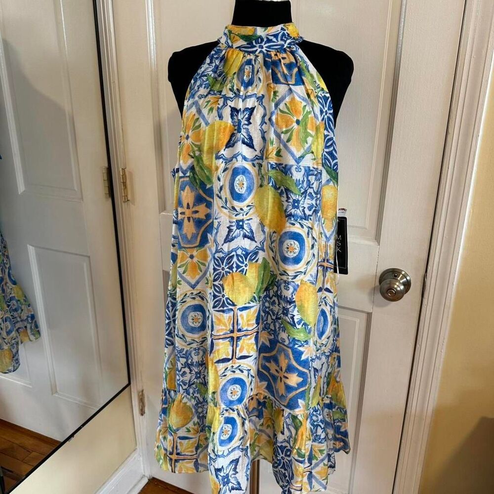 MSK XL Lemon Tile Print Midi Dress Italian Riviera Amalfi Coastal Tie Neck NWT